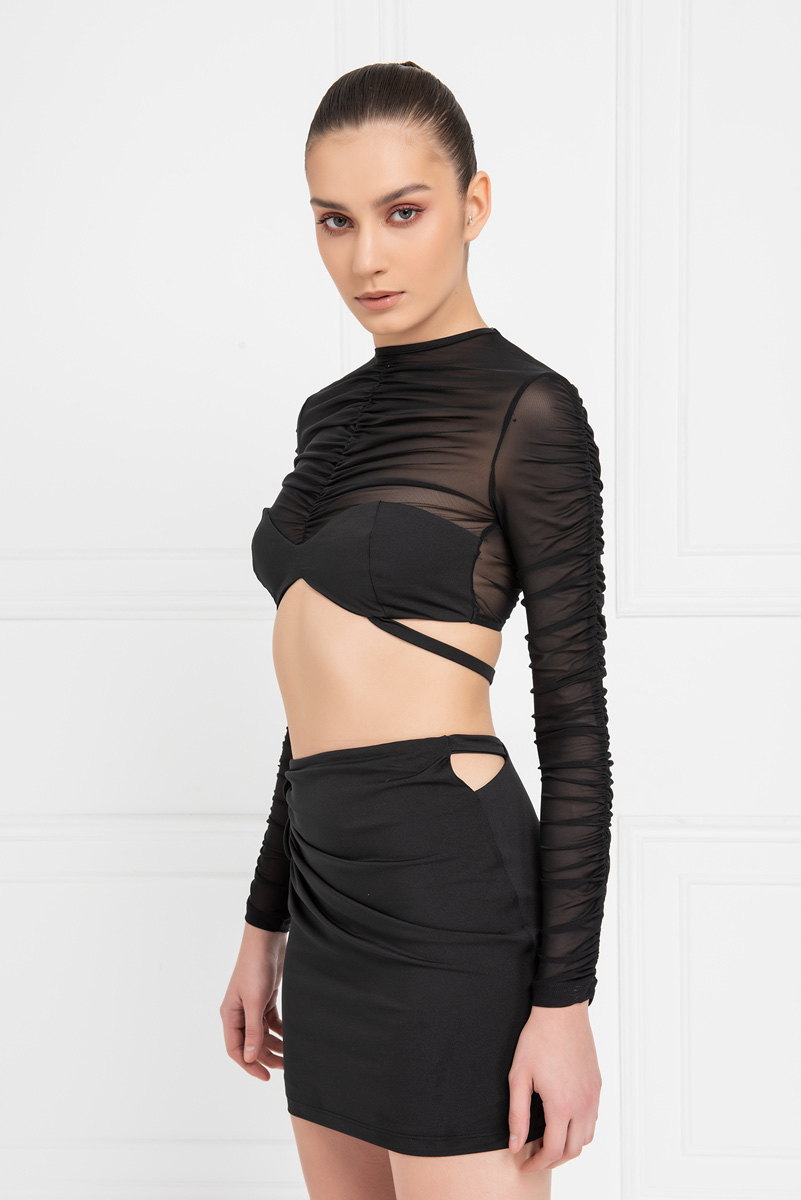 Black Shirred Crop Mesh Top & Skirt Set