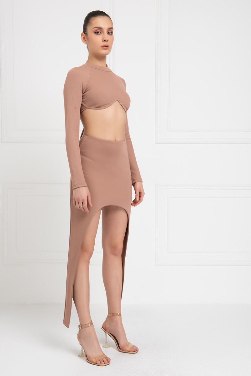 Caramel Long-Side Mini Skirt