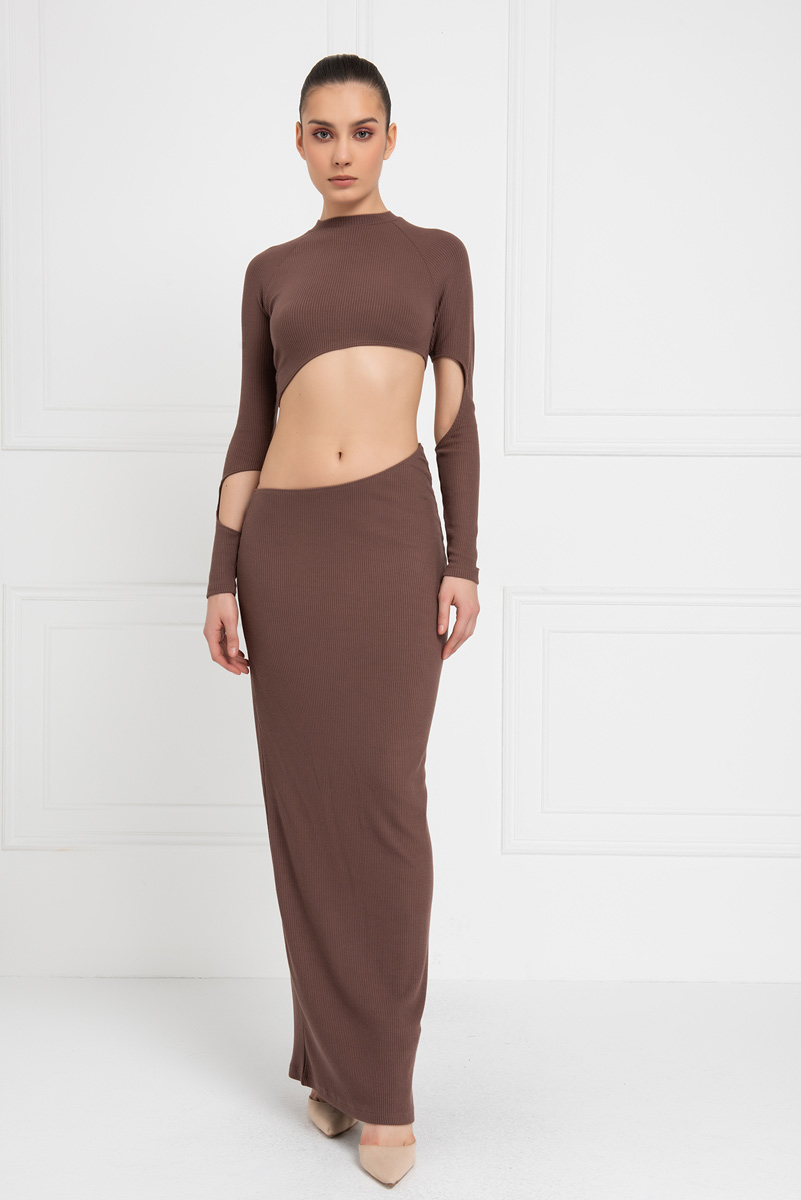 Milky Coffee Cut Out Mid Ribbed Maxi Dress