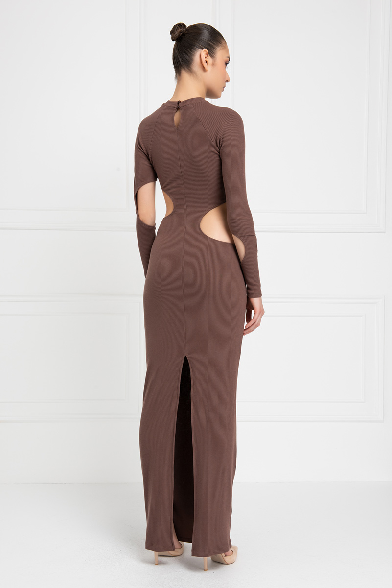 Milky Coffee Cut Out Mid Ribbed Maxi Dress