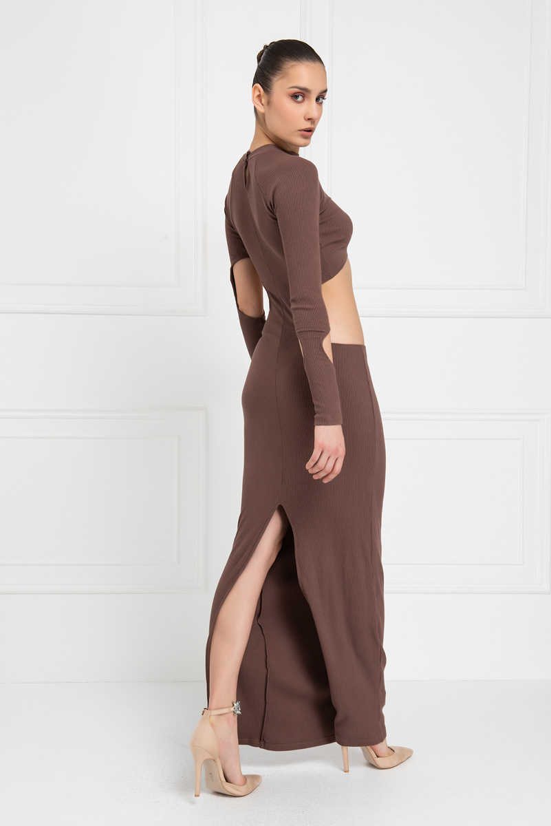 оптовая Milky Coffee Cut Out Mid Ribbed Maxi Dress