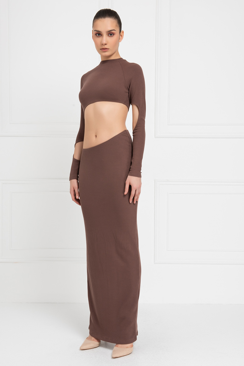 оптовая Milky Coffee Cut Out Mid Ribbed Maxi Dress