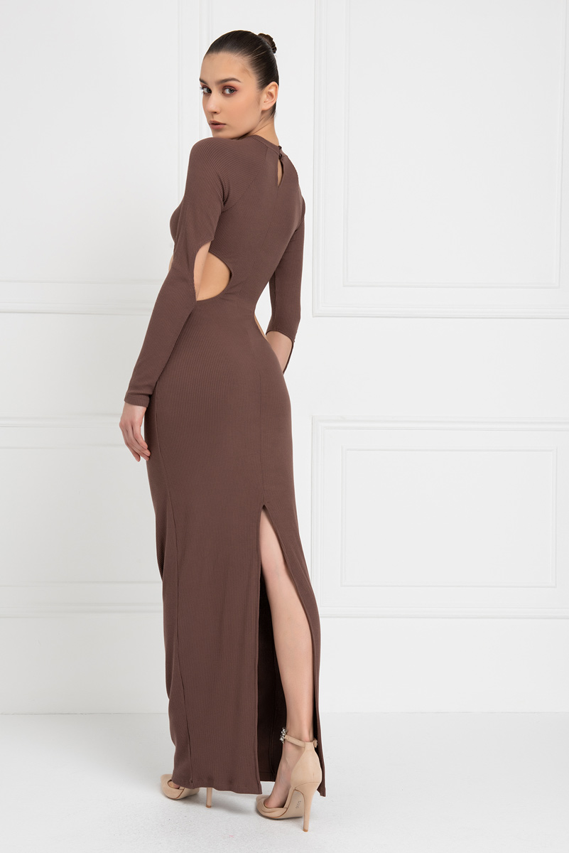 Wholesale Milky Coffee Cut Out Mid Ribbed Maxi Dress