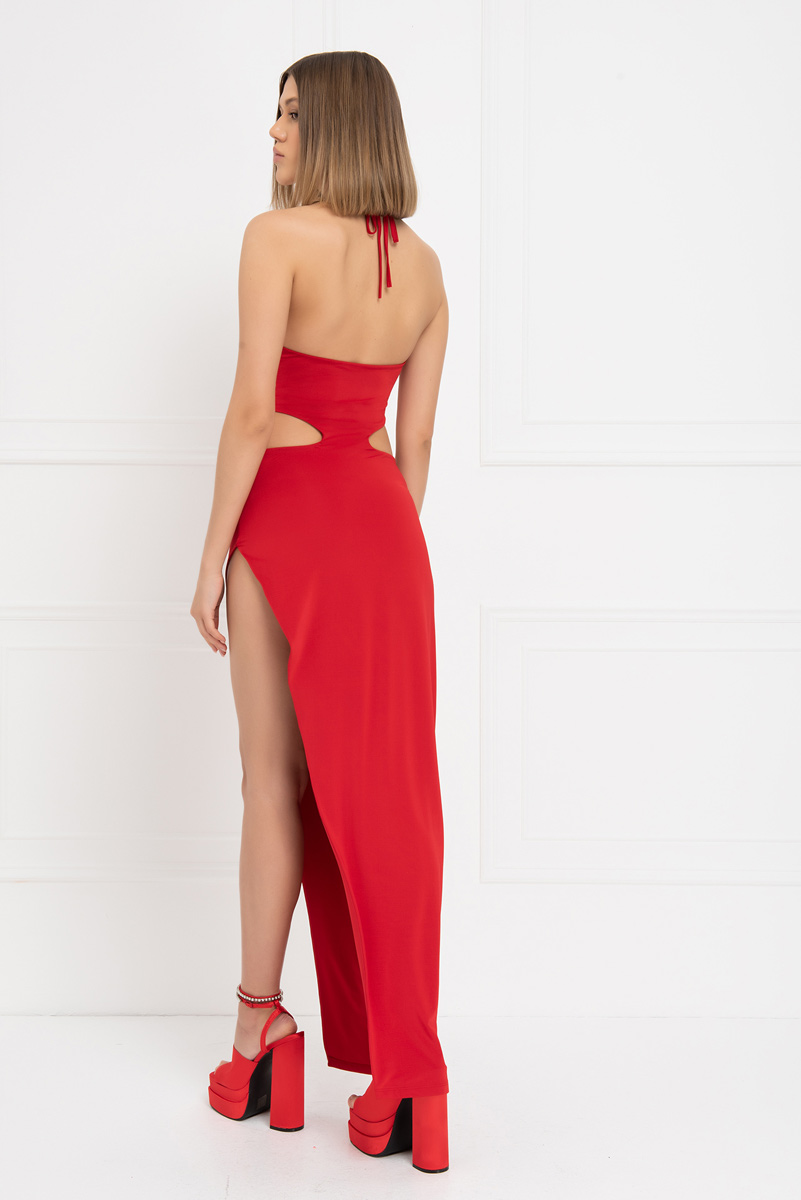 Toptan Kırmızı Dekolte Detaylı Maxi Elbise