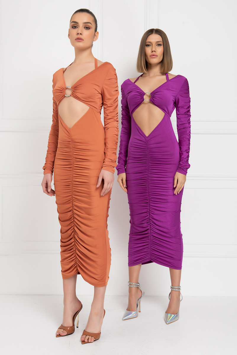 Magenta Shirred Cut Out Midi Dress
