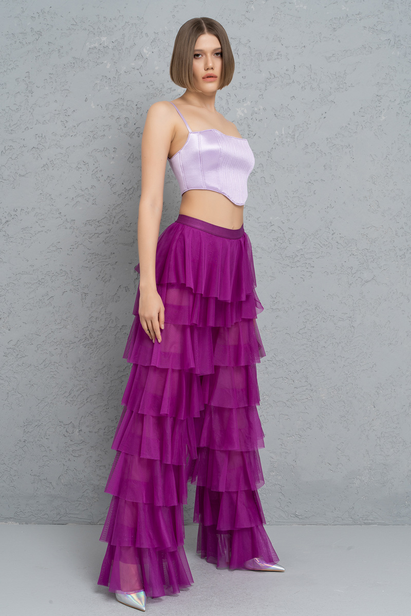 Wholesale Tiered Tulle Pants in Magenta
