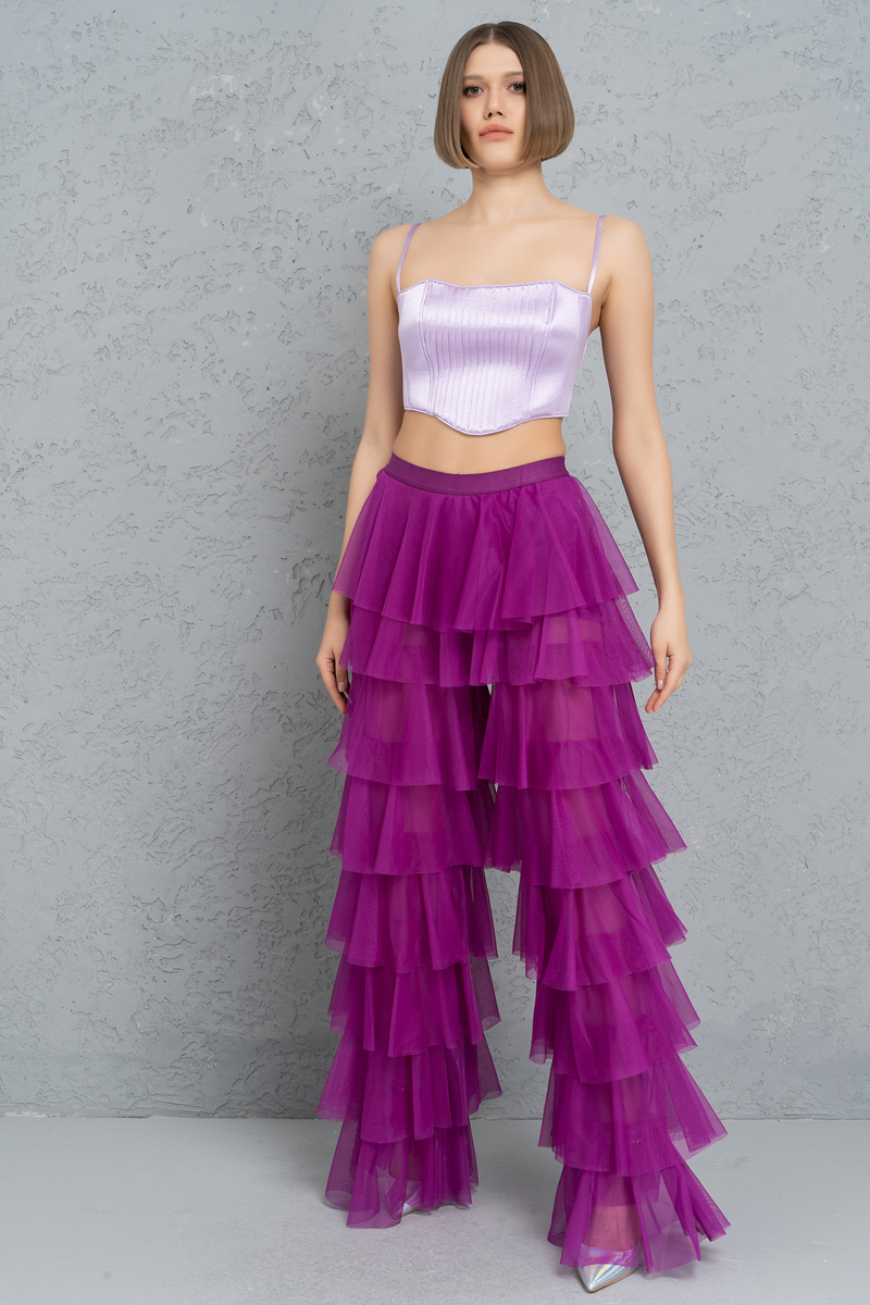 Wholesale Tiered Tulle Pants in Magenta
