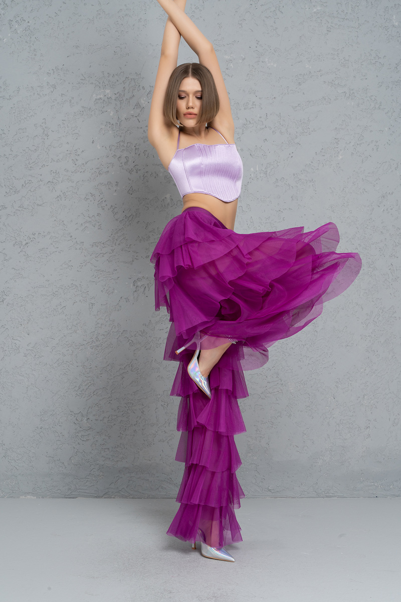Tiered Tulle Pants in Magenta