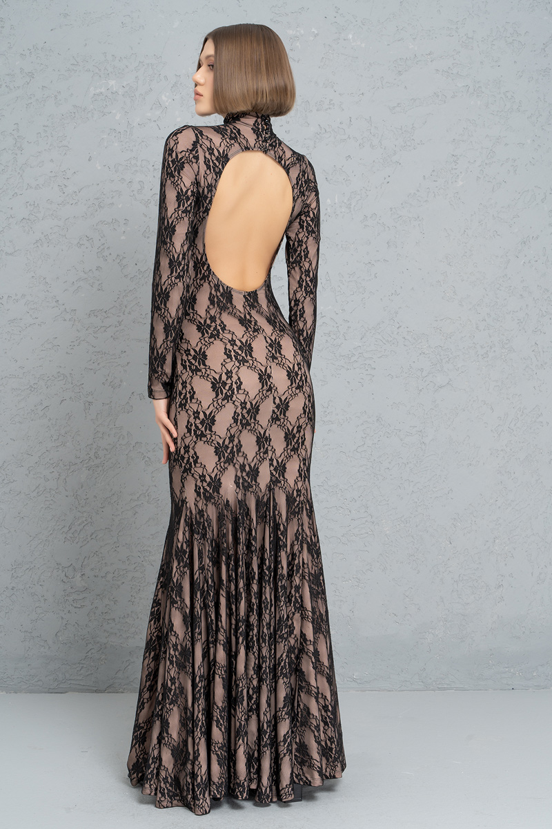 Black-Nude Backless Lace Maxi Dress