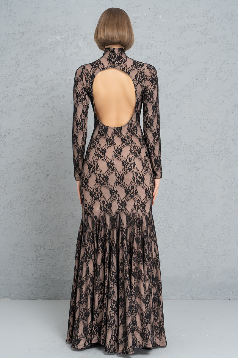 Black-Nude Backless Lace Maxi Dress