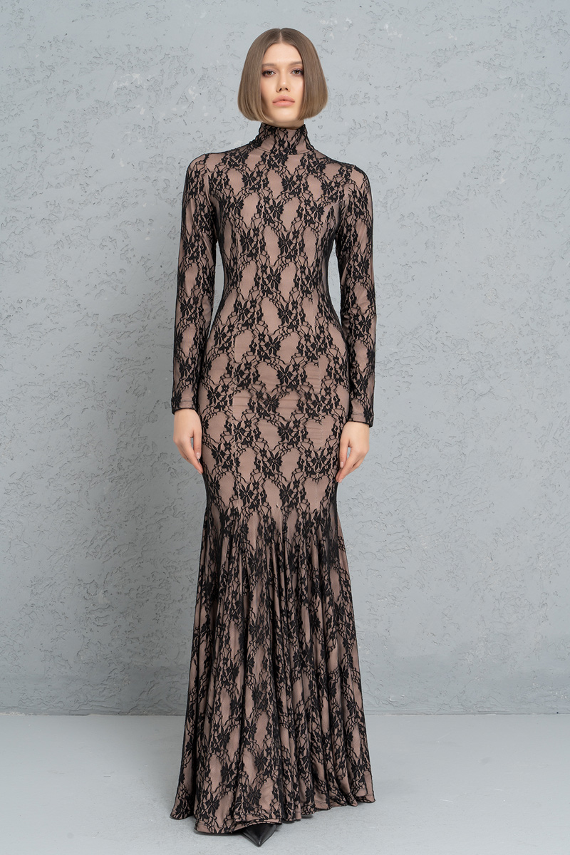 Black-Nude Backless Lace Maxi Dress