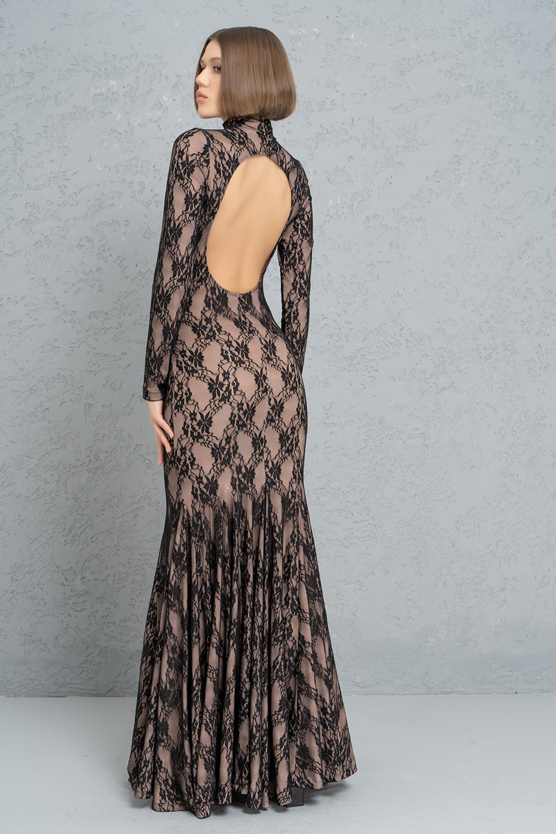 Black-Nude Backless Lace Maxi Dress