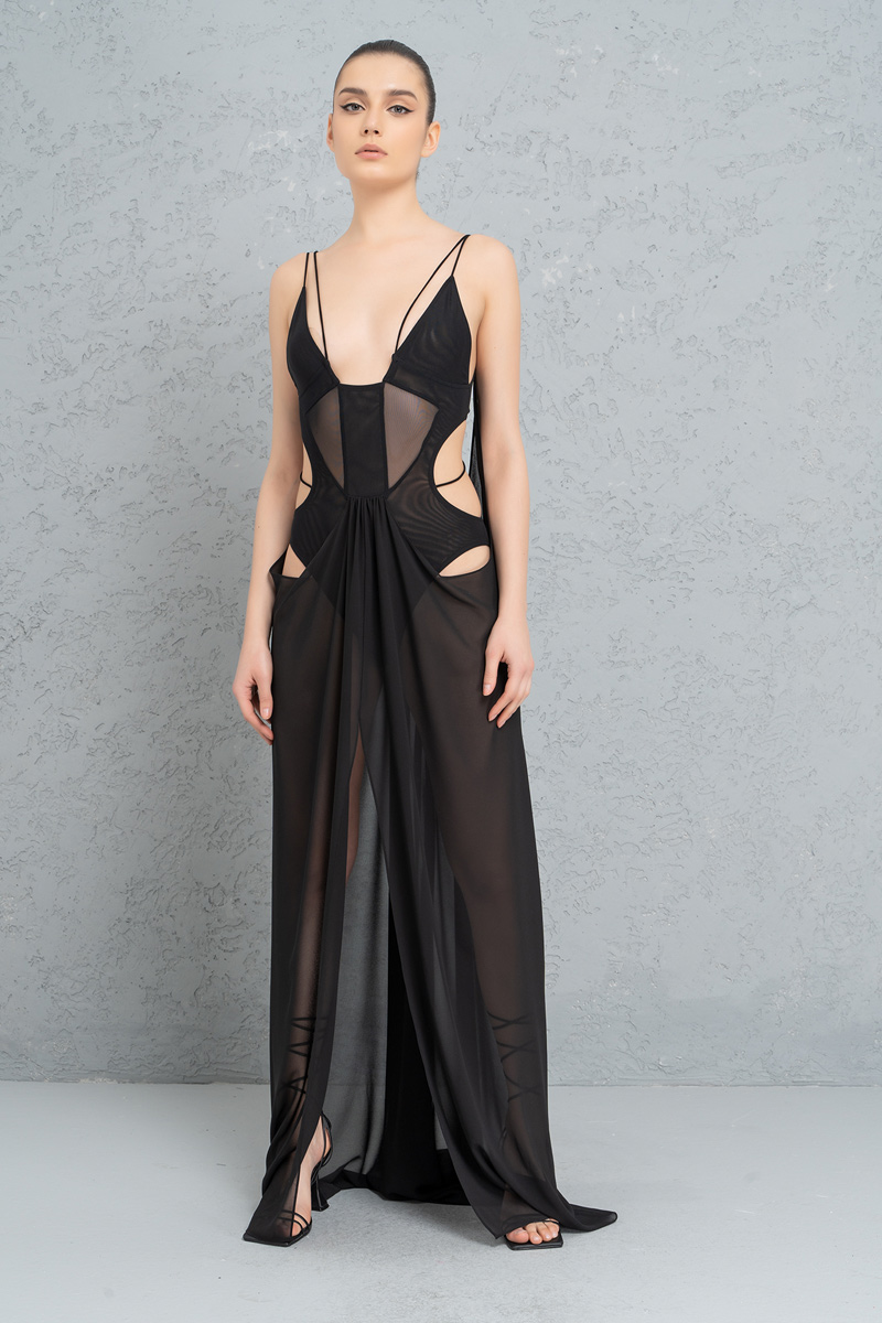 Siyah Bodysuit Detaylı Transparan Şifon Elbise