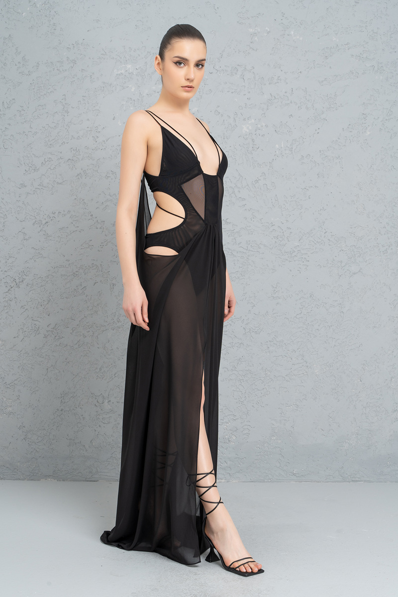 Siyah Bodysuit Detaylı Transparan Şifon Elbise