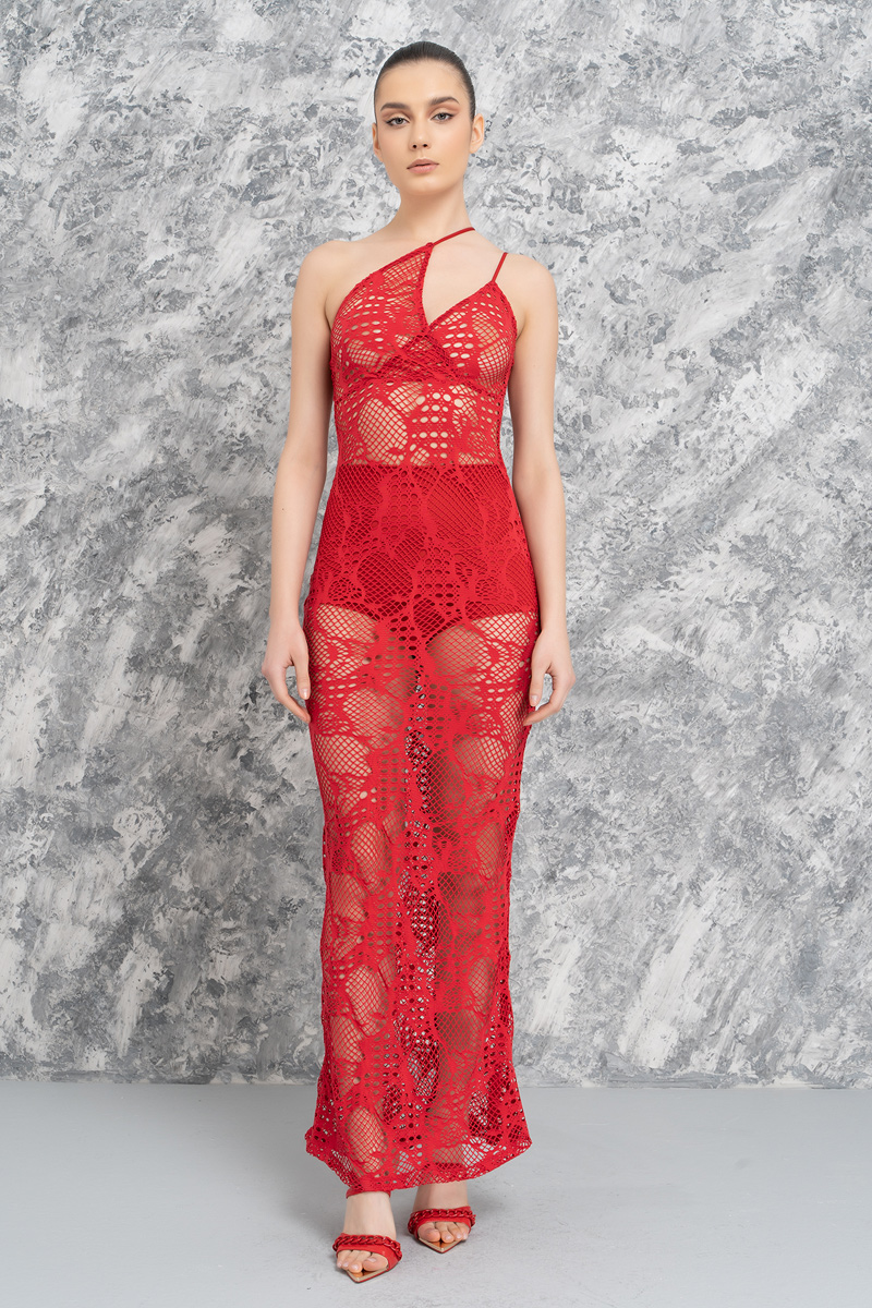 Sheer красный Net Cami Maxi Dress