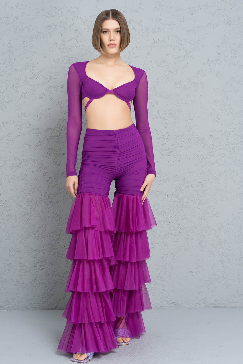 Wholesale Magenta Tiered Ruffle Tulle Pants