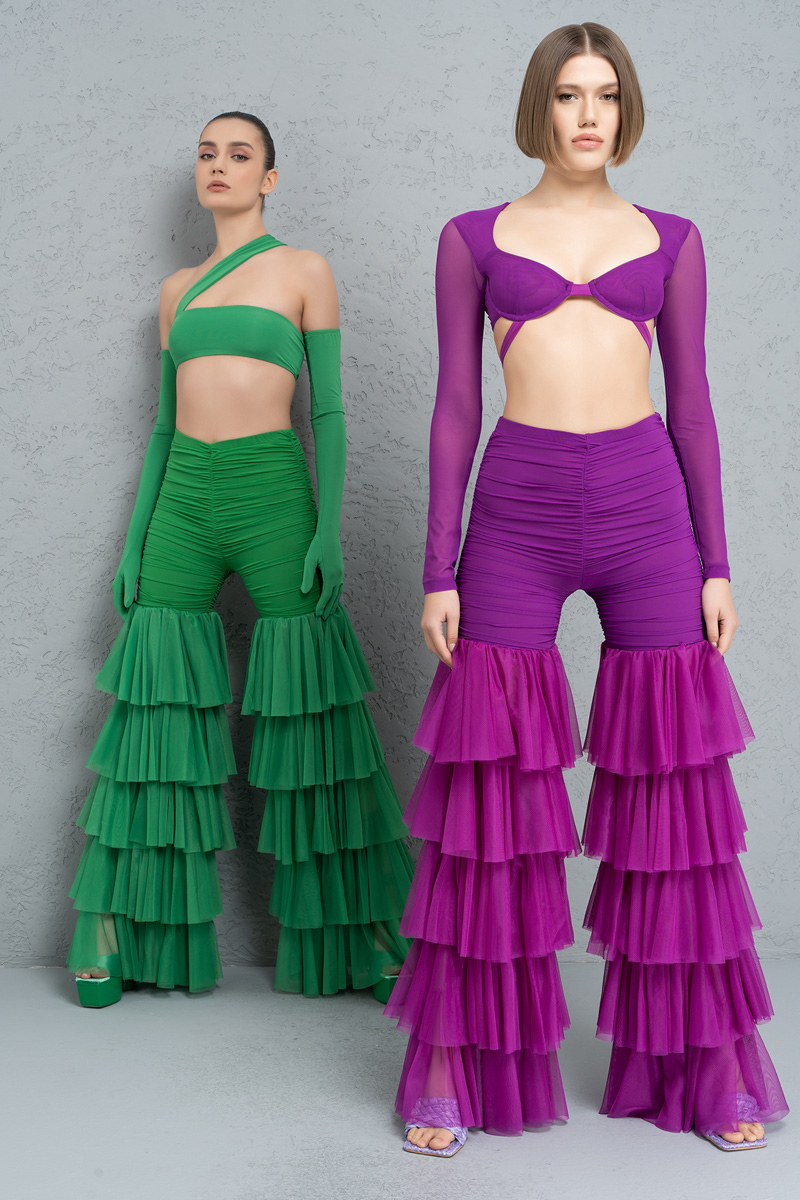Wholesale Magenta Tiered Ruffle Tulle Pants