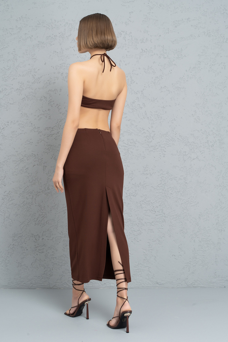 Brown Cut Out Mid-Section Strappy Dress