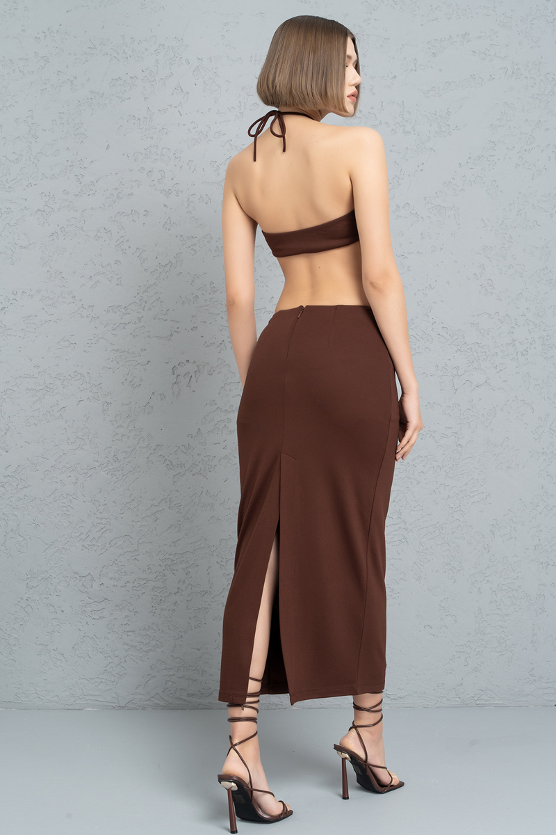 Brown Cut Out Mid-Section Strappy Dress