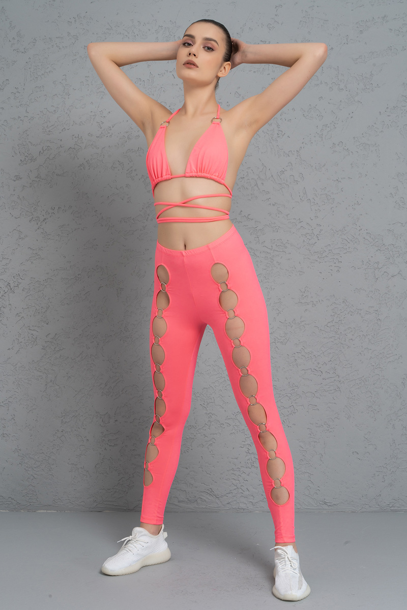 Wholesale Neon Pink Strappy Triangle Top & Leggings Set