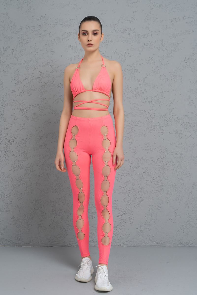 Wholesale Neon Pink Strappy Triangle Top & Leggings Set