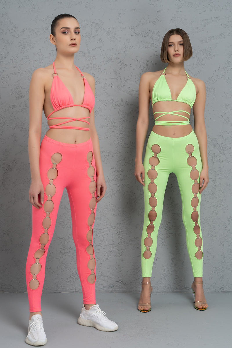 Neon Pink Strappy Triangle Top & Leggings Set
