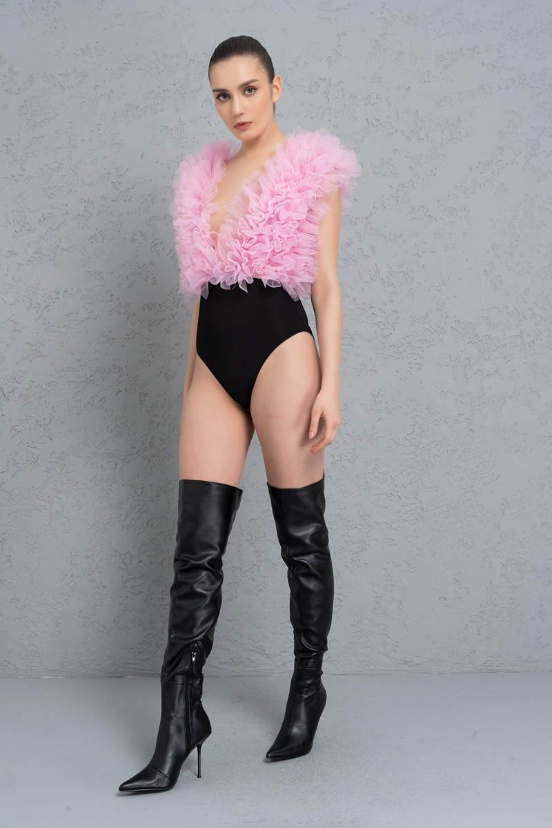 Toptan Pink-Black Tül Fırfırlı Kolsuz Bodysuit