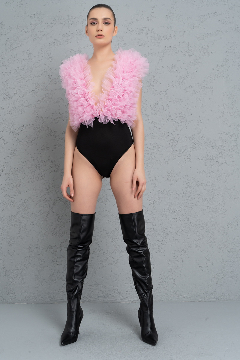Pink-Black Tül Fırfırlı Kolsuz Bodysuit