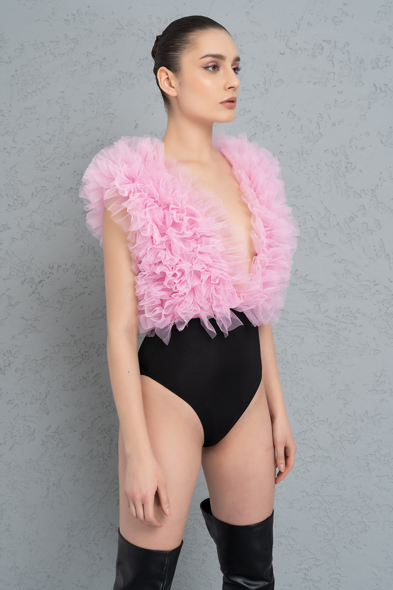 Pink-Black Tül Fırfırlı Kolsuz Bodysuit