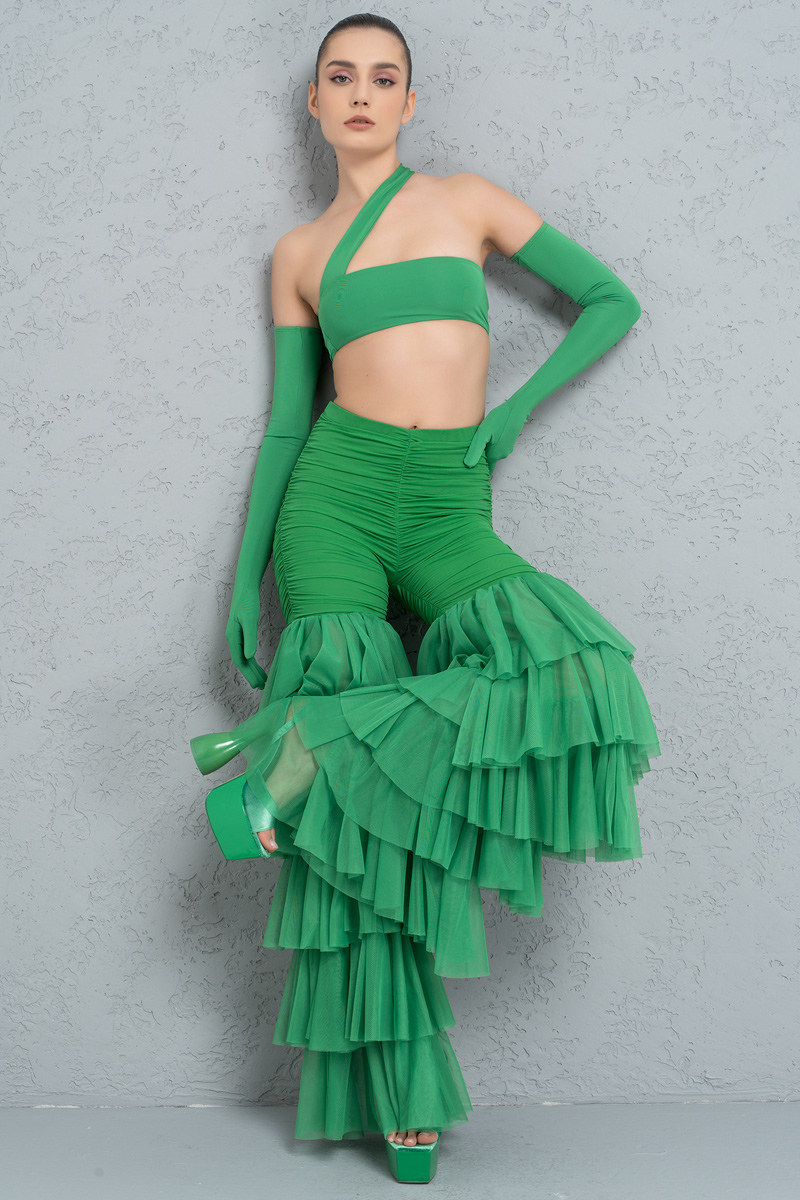 Kelly Green Tiered Ruffle Tulle Pants