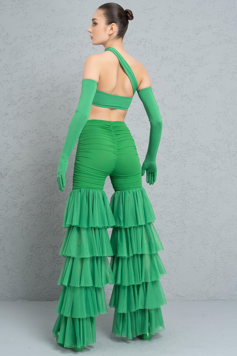 Wholesale Kelly Green Tiered Ruffle Tulle Pants