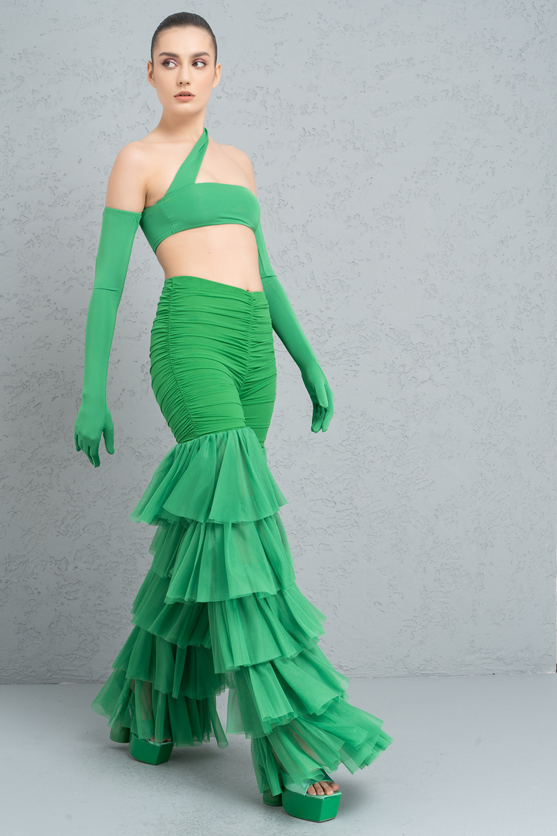 Wholesale Kelly Green Tiered Ruffle Tulle Pants