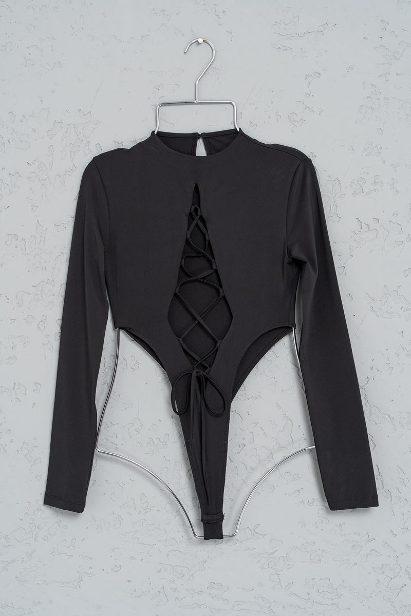 Wholesale Black Crisscross-Front Cut Out Bodysuit