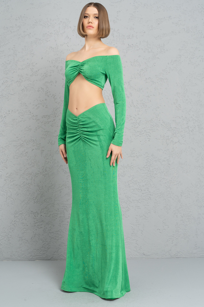 Kelly Green Ruched-Front Crop Top & Skirt Set