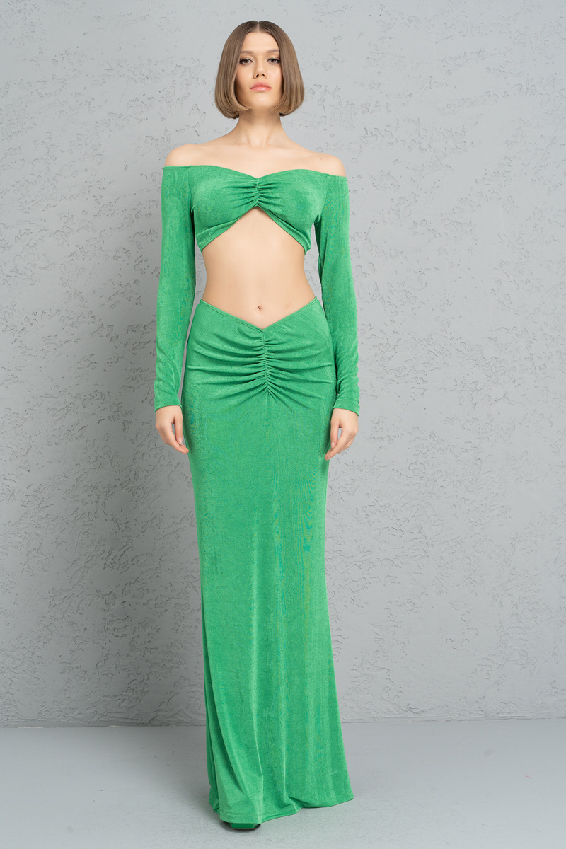 Wholesale Kelly Green Ruched-Front Crop Top & Skirt Set