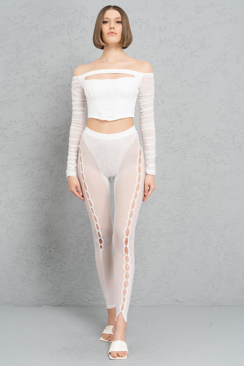 Sheer Offwhite Buttoned Cut Out Pants