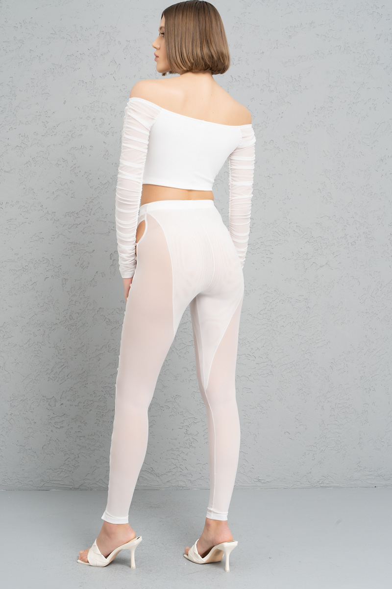 Toptan Off white Dekolte Detaylı Transparan Pantolon