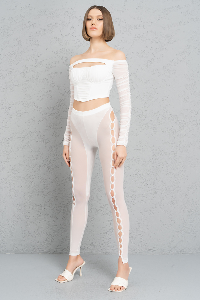 Wholesale Sheer Offwhite Buttoned Cut Out Pants