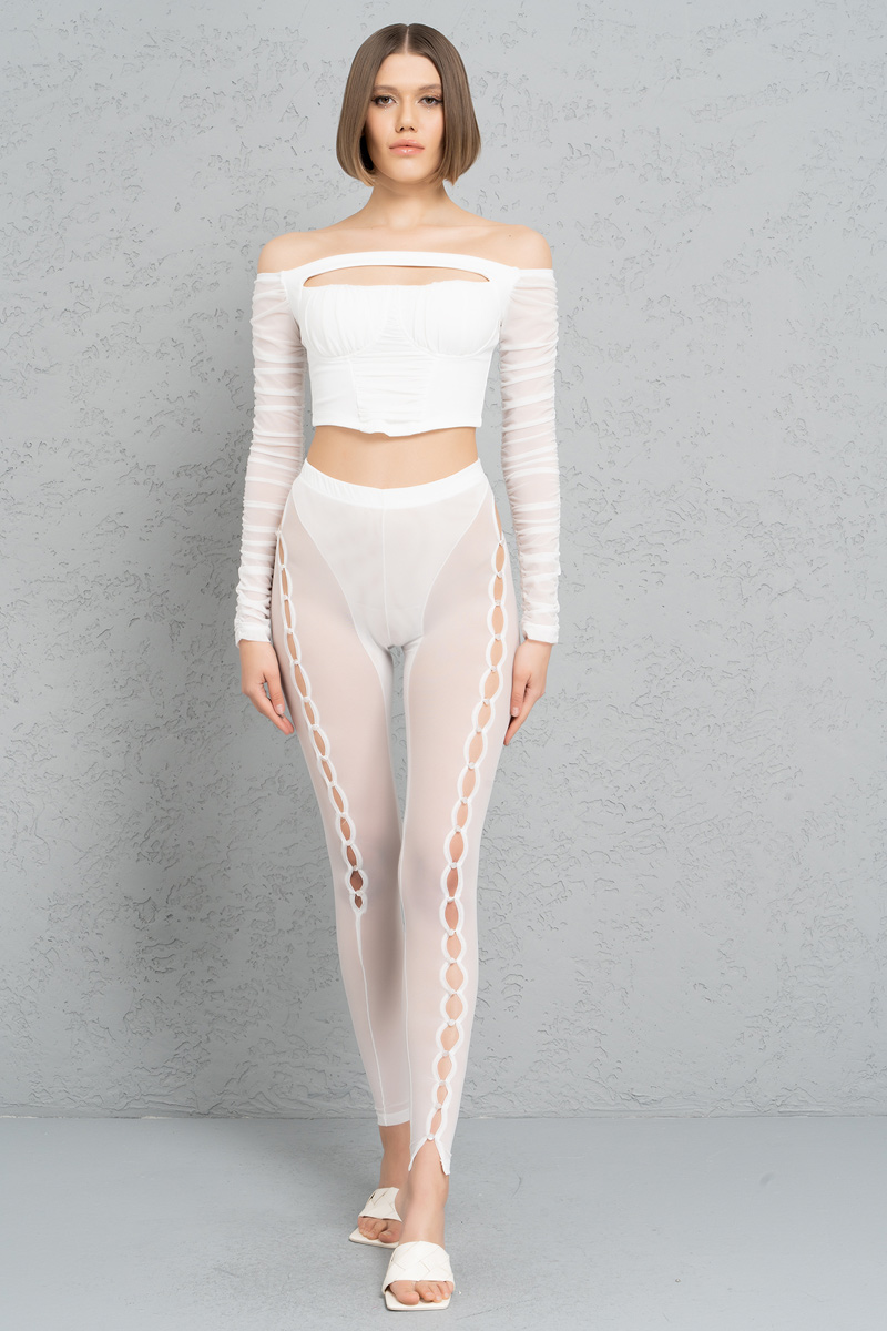 Wholesale Sheer Offwhite Buttoned Cut Out Pants