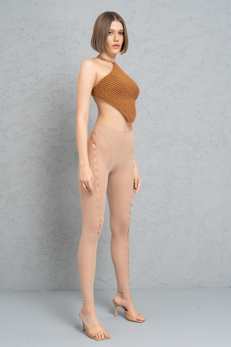 Wholesale Sheer Sand Buttoned Cut Out Pants
