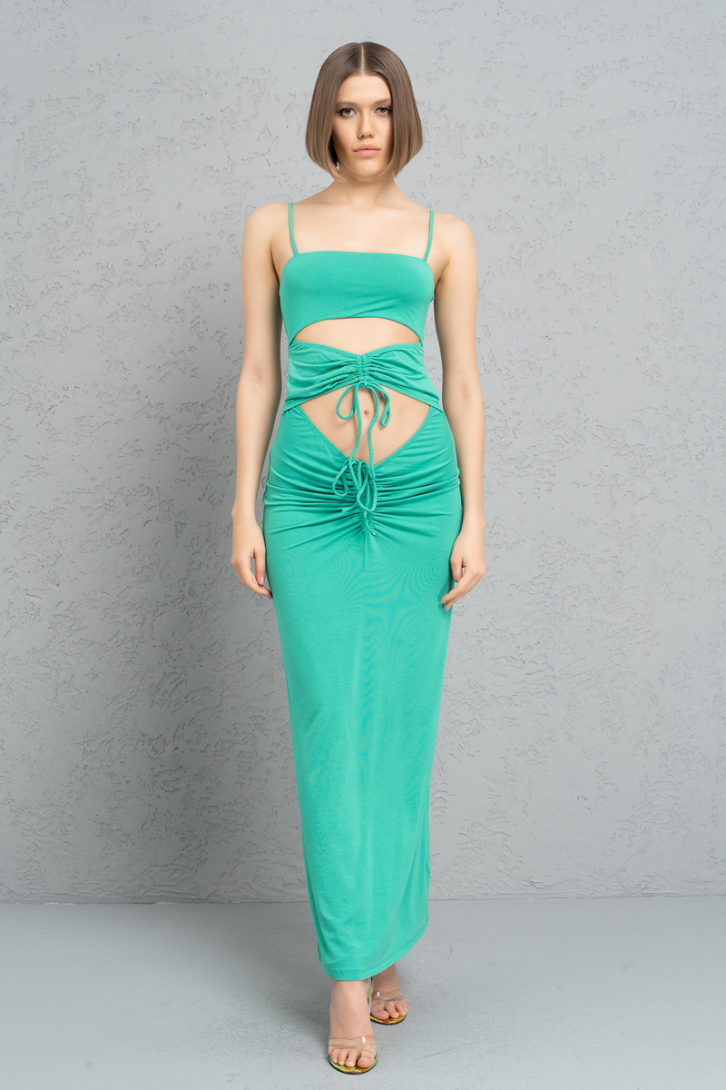 Toptan Yeni Yeşil Askılı Göbek Dekolteli Maxi Elbise
