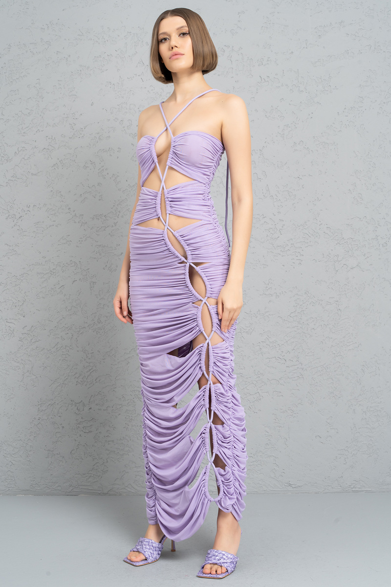 Wholesale New Lilac Cross-Tie Shirred Mesh Dress