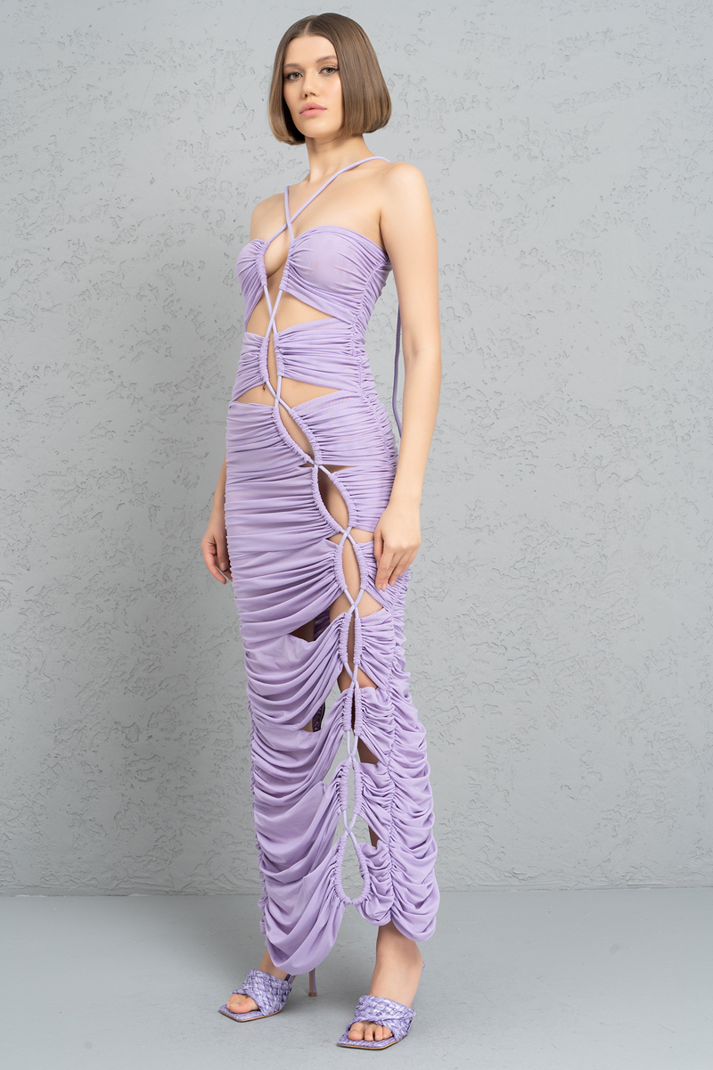 Wholesale New Lilac Cross-Tie Shirred Mesh Dress
