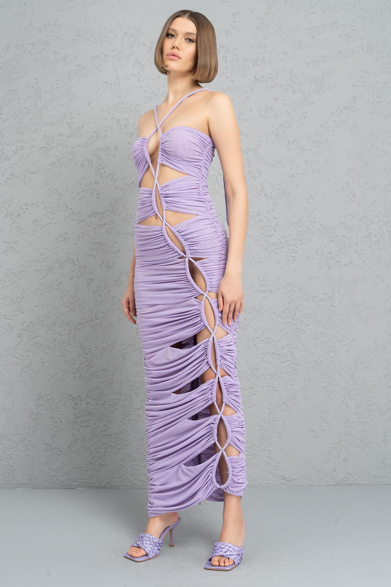 New Lilac Cross-Tie Shirred Mesh Dress