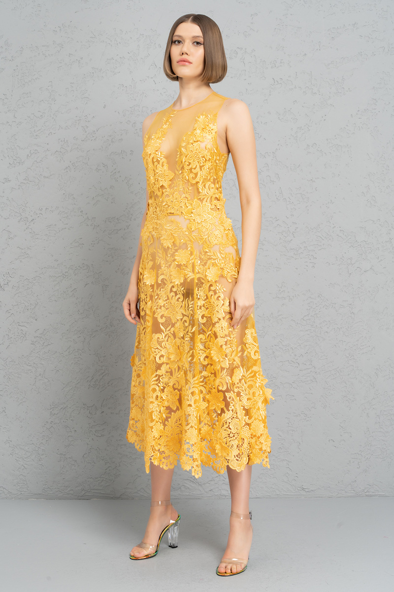 Wholesale Yellow Embroidered Lace Dress