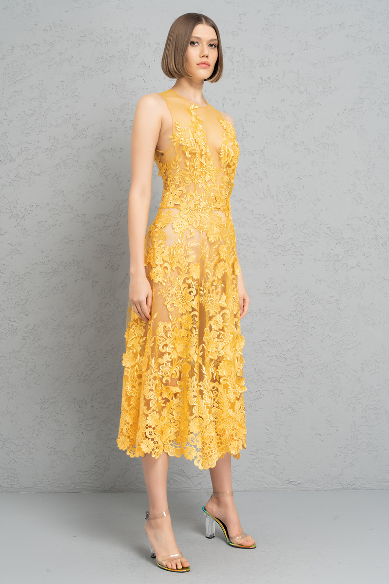 Yellow Embroidered Lace Dress