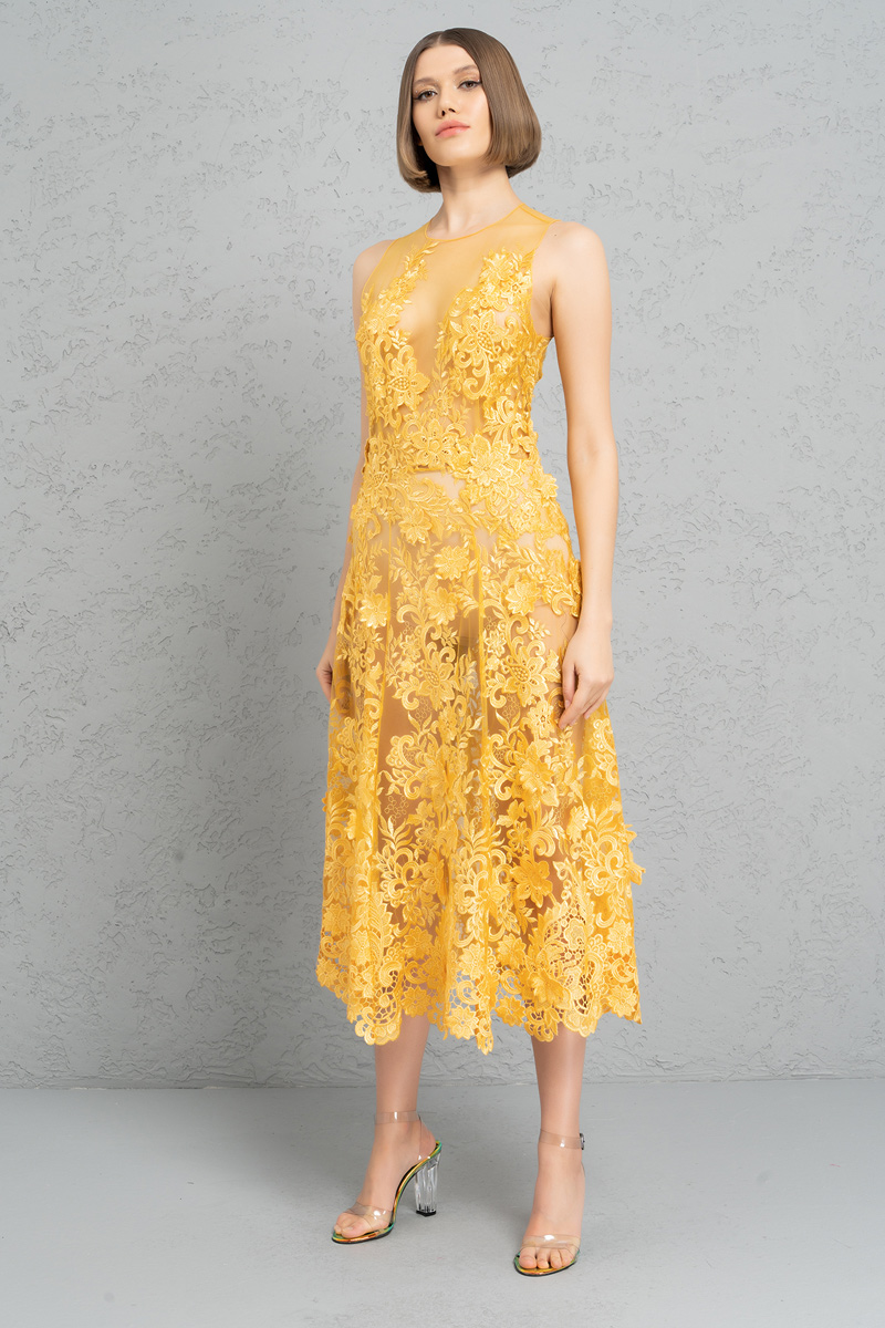 Wholesale Yellow Embroidered Lace Dress