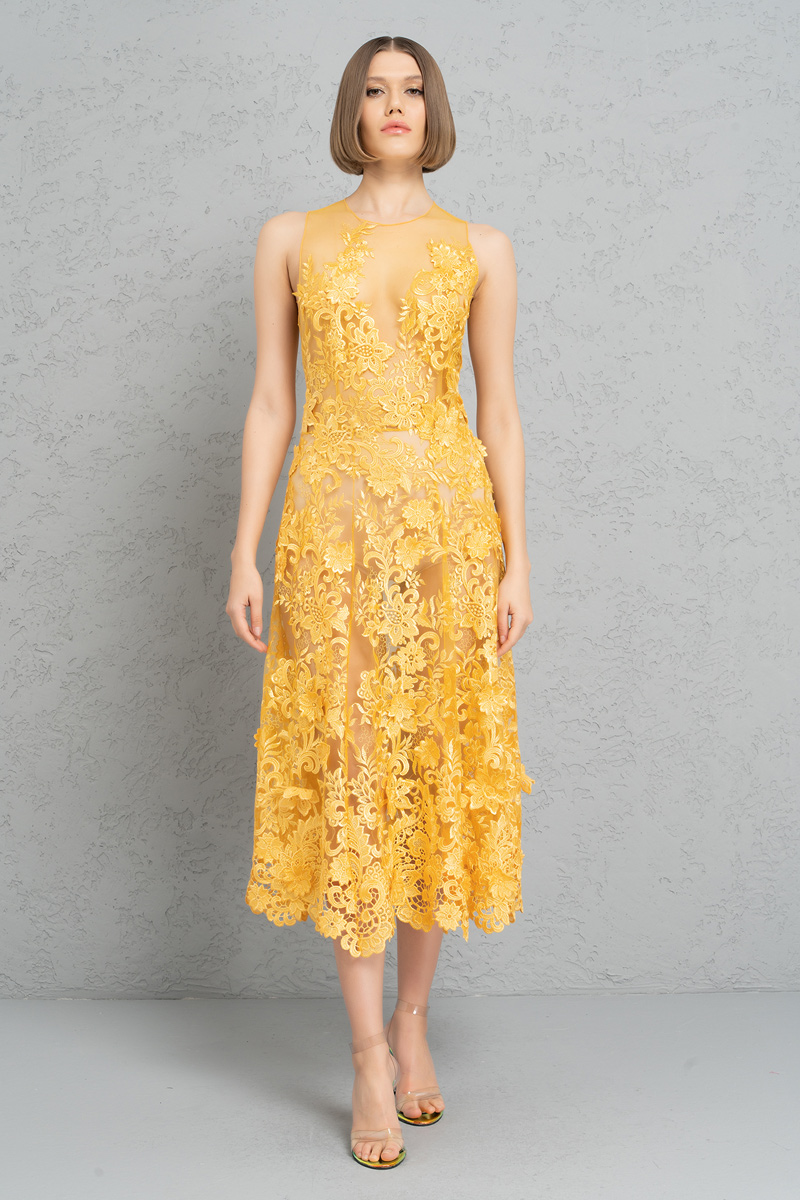 Yellow Embroidered Lace Dress