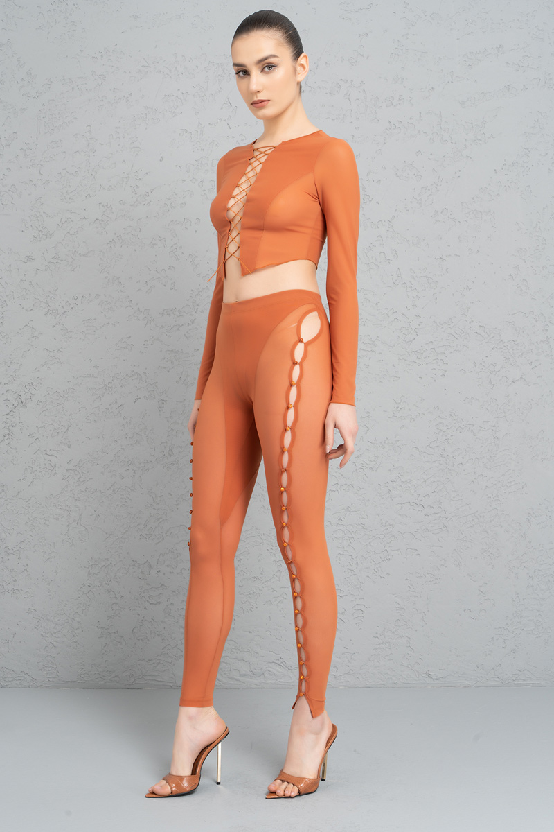 Wholesale Sheer Ochre Buttoned Cut Out Pants