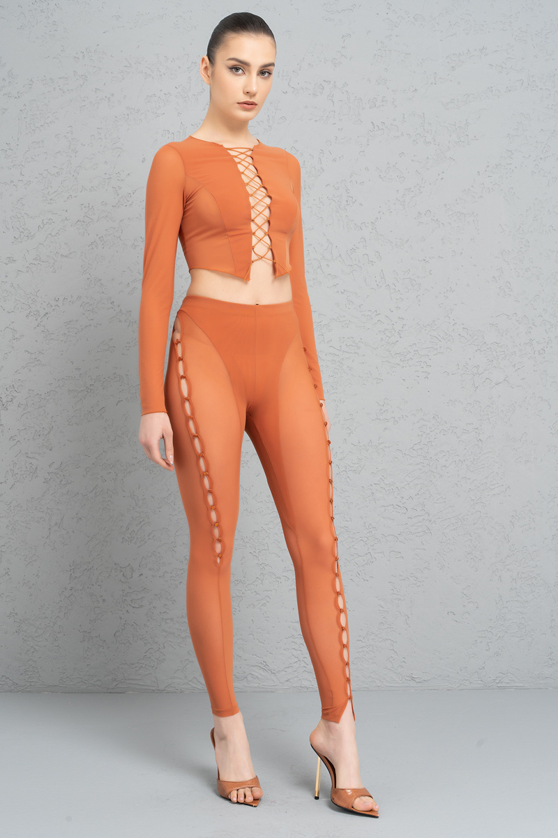 Wholesale Sheer Ochre Buttoned Cut Out Pants